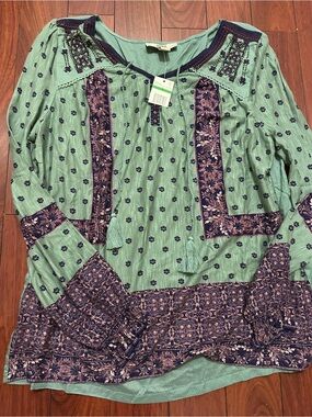 Vintage America Mint Green and Navy Embroidered Boho Tunic